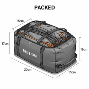 Illustration of the compact packed size of the portable trillium 3 person tent.