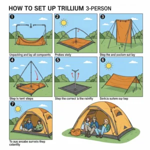Step-by-step illustration showing how to easily set up the trillium 3 person tent
