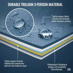 Close-up illustration highlighting the waterproof features of the durable trillium 3 person tent material