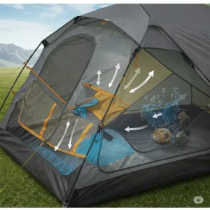 Close-up illustration of the ventilation system in a best 4 person backpacking tent, showing airflow and reduced condensation.
