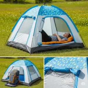 Personal pop up tent with open ventilation windows for airflow.