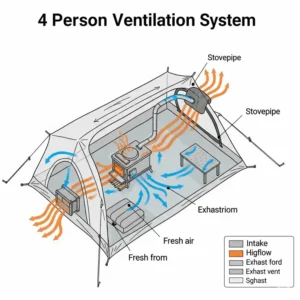 Diagram illustrating the ventilation system in a 4 person hot tent, ensuring airflow