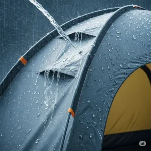 Close-up illustration demonstrating the waterproof features of a base camp tent with water rolling off its fabric.