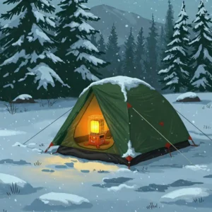 Illustration of a cozy backpacking tent in a snowy landscape, warmed by a portable tent heater inside.