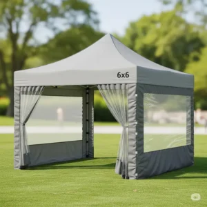 Versatile 6x6 pop up canopy shown with optional sidewalls for added privacy and weather protection.
