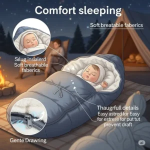 Close-up illustration of a soft, insulated infant sleeping bag designed for camping, highlighting its comfort features for babies.