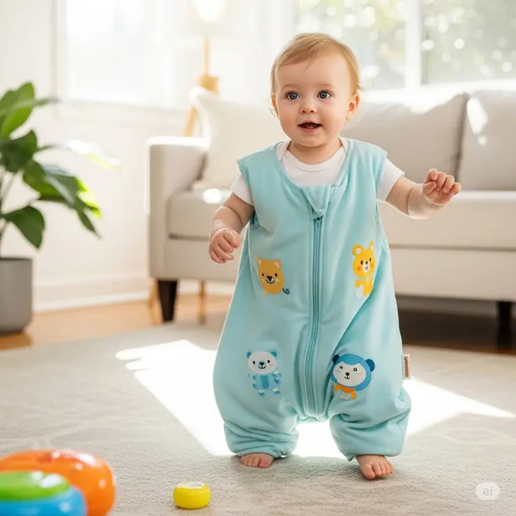 A happy toddler in a soft, grey sleep bag walker taking steps on a carpeted floor, demonstrating freedom of movement while staying warm.