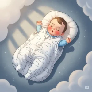 An adorable illustration of a baby soundly asleep on their back in a cozy, cloud-patterned sleep bag walker, highlighting its comfort for restful sleep.