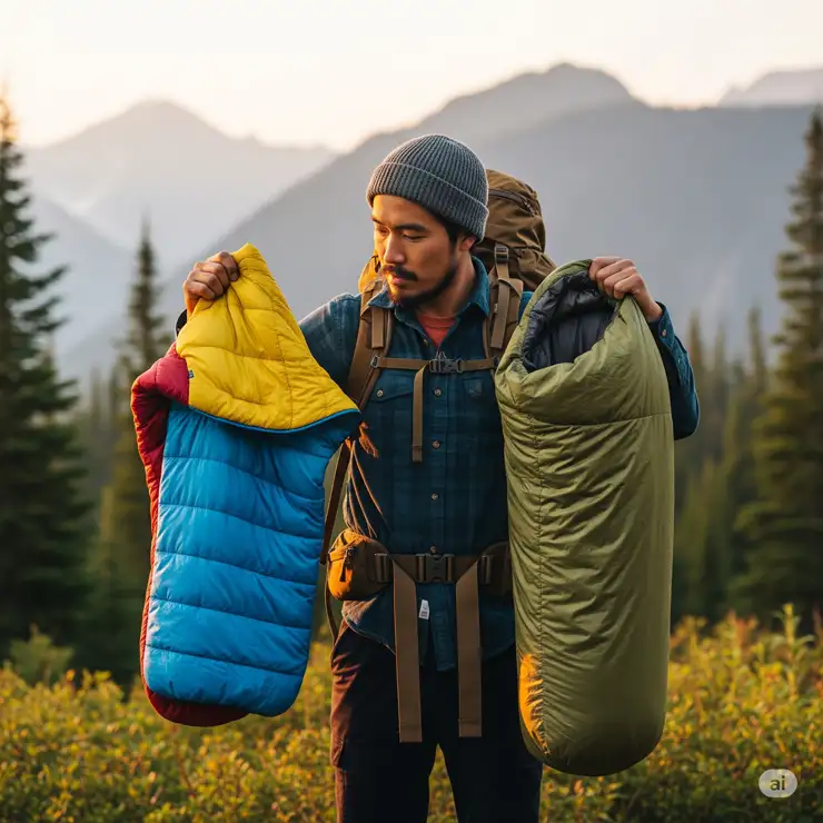 A backpacker looking at a quilt and a sleeping bag, representing the decision-making process when choosing between a quilt vs sleeping bag for outdoor adventures.