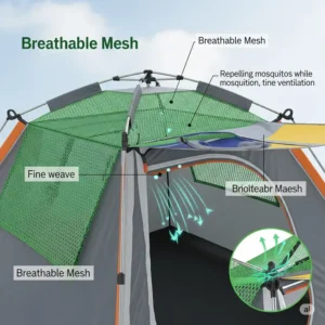 Diagram highlighting the breathable mesh material used in a pop up tent designed to keep mosquitoes out