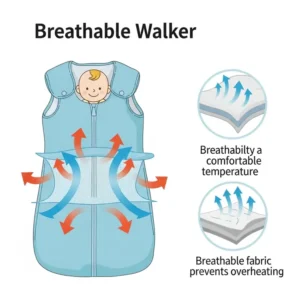 An infographic-style illustration demonstrating the breathable fabric of a sleep bag walker, with arrows indicating airflow for optimal temperature regulation.