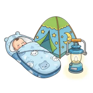 Illustration of essential camping gear for babies, focusing on an infant sleeping bag next to a small tent and camping lantern.