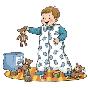 An illustration of a happy child playing with toys on the floor while wearing a functional sleep bag walker, showcasing its suitability for both sleep and active play.