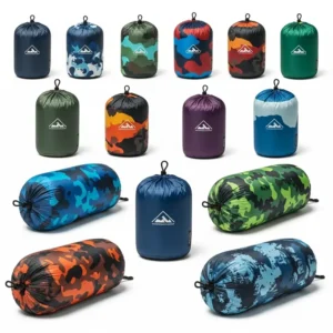 A collection of sleeping bag stuff sacks in various vibrant colors and designs, offering aesthetic choices for outdoor enthusiasts.