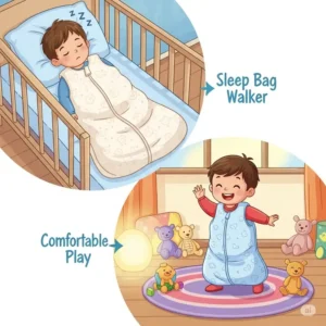 An illustration showing a child transitioning from a crib (asleep in a sleep bag walker) to playing on the floor (still wearing the sleep bag walker), emphasizing its utility for both sleep and waking hours.