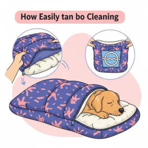 An illustration demonstrating how easily a dog sleeping bag bed can be cleaned, perhaps showing a removable, washable cover.