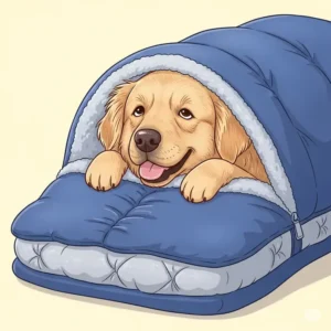 An illustration of a very content dog peeking out from a dog sleeping bag bed, conveying comfort and satisfaction.