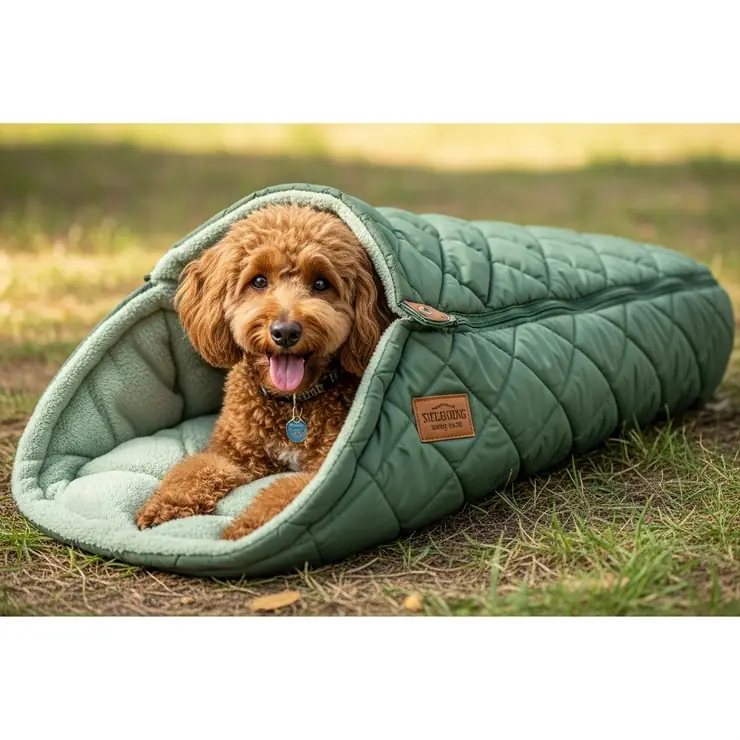 A cozy dog sleeping bag bed with a happy dog curled up inside, perfect for camping or home use.