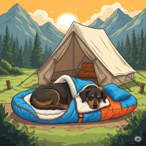 A graphic depicting a dog sleeping bag bed set up outside a tent, suggesting its use for outdoor adventures and camping trips.