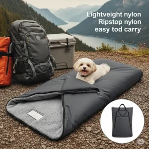 An image illustrating a lightweight, portable dog sleeping bag bed, ideal for travel and easy to carry.