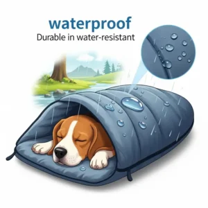 An illustration highlighting the waterproof features of a dog sleeping bag bed, showing water beading off its durable exterior.