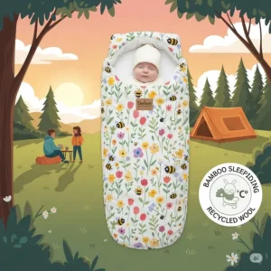Illustration highlighting an infant sleeping bag made from eco-friendly materials, designed for sustainable camping trips with babies.