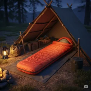 An illustration showing an emergency sleeping bag laid out inside a small, minimalist survival tent or makeshift shelter, illustrating its use for overnight protection.