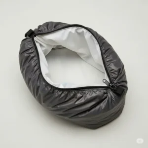 An empty, open sleeping bag stuff sack, highlighting its lightweight and collapsible design when not in use.