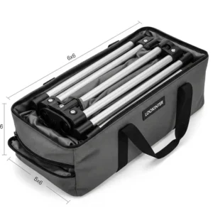 Compact and portable 6x6 pop up canopy folded and stored in its carrying bag.