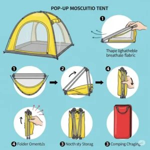 Illustration demonstrating how a pop up mosquito tent easily folds down for compact storage and transport