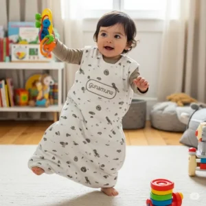 Baby happily playing while wearing a Gunamuna sleep bag, showcasing the freedom of movement it allows for active little ones.