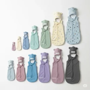 Collection of Gunamuna sleep bags in various sizes, illustrating the range available for newborns to toddlers.