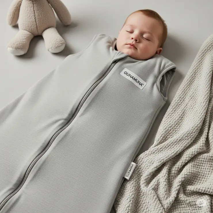 Gunamuna sleep bag in a neutral color, showcasing its soft fabric and easy-access zipper, perfect for safe and comfortable sleep.
