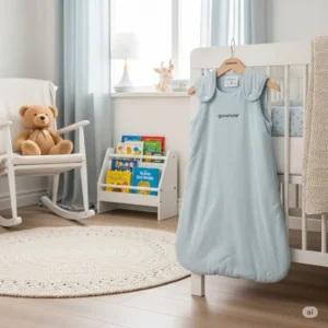 Gunamuna sleep bag neatly folded or hanging in a beautifully decorated nursery, suggesting its seamless integration into any baby's room.