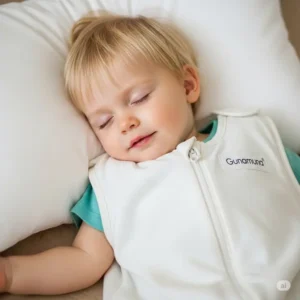 Happy toddler sleeping soundly in a cozy Gunamuna sleep bag, highlighting its spacious design for comfortable movement.