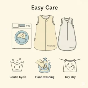 Iconography or visual representation of washing instructions for a Gunamuna sleep bag, reassuring parents about easy care.