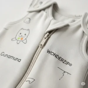 Close-up of the signature WONDERZiP® on a Gunamuna sleep bag, demonstrating the easy diaper change feature.