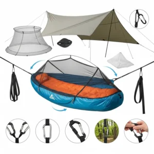 Various accessories for hammock sleeping bags, such as bug nets, tarps, and suspension systems, displayed around the main sleeping bag.