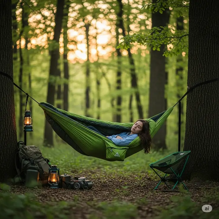A person comfortably sleeping in a green hammock sleeping bag suspended between two trees in a peaceful forest at dusk, with camping gear visible nearby.