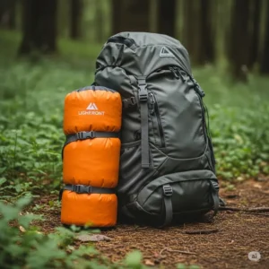 A lightweight, rolled-up hammock sleeping bag next to a backpack, illustrating its portability for backpacking and hiking.