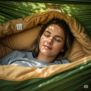 Close-up view of a person nestled inside a hammock sleeping bag, showing the cozy interior and a comfortable sleeping posture.