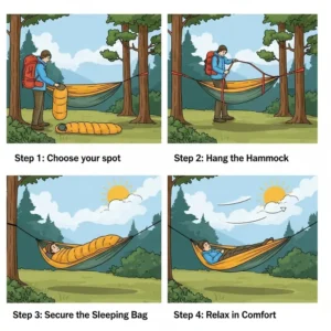 Step-by-step illustration demonstrating the proper setup of a hammock sleeping bag with suspension straps in a campsite.