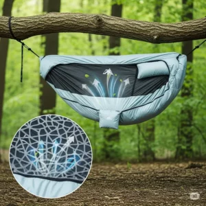 A breathable hammock sleeping bag designed for summer, highlighting features that promote airflow and prevent overheating in warm climates.