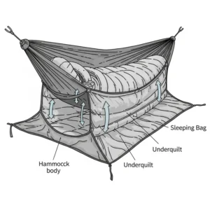 Diagram or illustration showcasing how an underquilt integrates with a hammock sleeping bag to provide additional insulation from below.