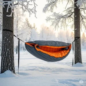 An insulated hammock sleeping bag hanging in a snowy winter landscape, emphasizing its warmth and suitability for cold weather camping.
