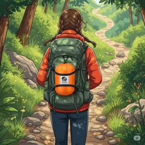 An illustration of a backpacker on a trail with a compact emergency sleeping bag clearly visible attached to their backpack, ideal for unexpected outdoor situations.