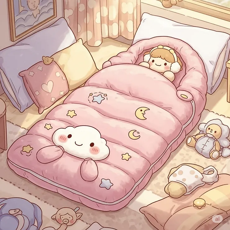 Adorable illustration of a child's size pink sleeping bag, perfect for young campers and sleepovers.