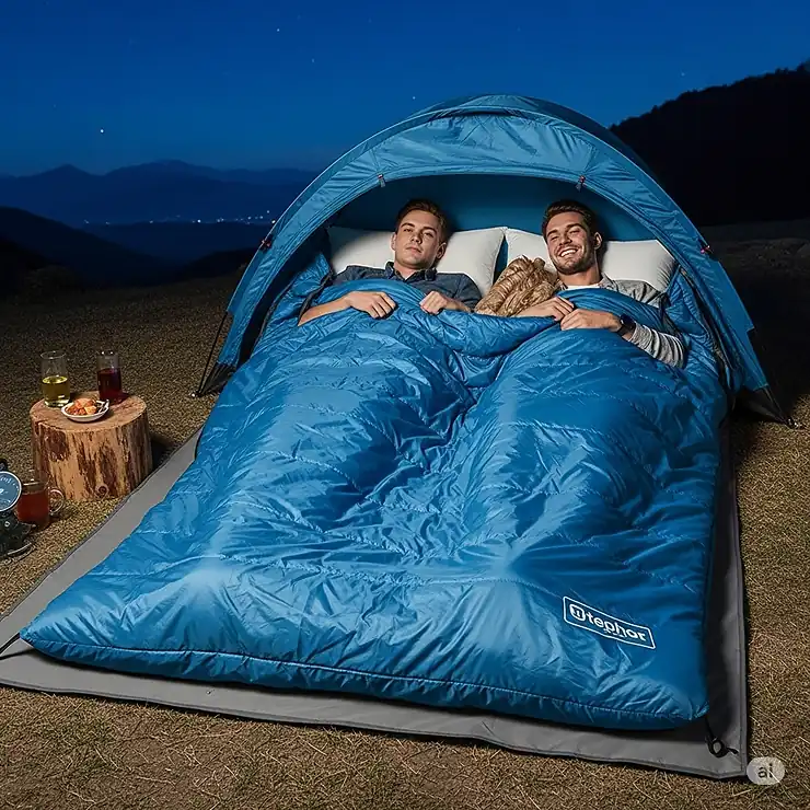 A spacious king size sleeping bag designed for two, perfect for comfortable camping trips and outdoor adventures. Features durable material and ample room for couples.