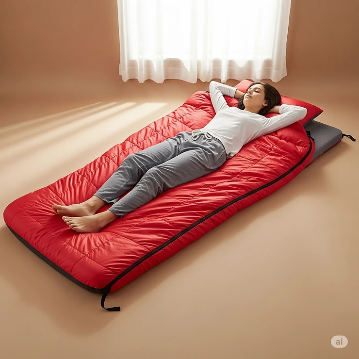 Close-up of a king size sleeping bags durable zipper and high-quality insulation, emphasizing its warmth and construction.