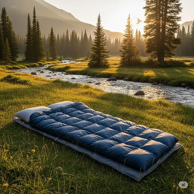 A king size sleeping bag set up in a beautiful natural environment, evoking the comfort of outdoor adventures and camping.